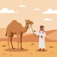 Man Leading Camel Through Desert Landscape on Bright and Sunny Day vector