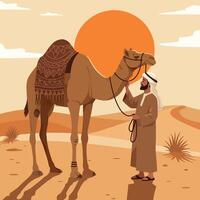 Man with Camel in Desert Landscape at Sunset Travel Scene vector
