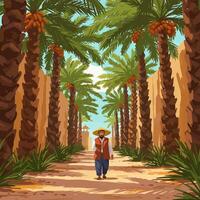 Man Walking Through Palm Tree Pathway on a Sunny Day vector