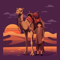Boy with Camel in Desert at Sunset Tranquil Travel Scene vector