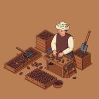 Man Sorting Coffee Beans Into Wooden Crates in a Process vector
