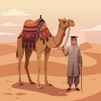 Man with Camel in Desert Landscape Illustration at Sunset Time vector