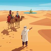 Camel Ride in Desert Guiding to Oasis Illustration with People vector