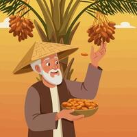 Harvesting Dates Farmer Picking Fresh Fruits From Palm Tree vector