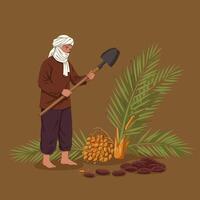 Harvesting Dates Person Holding Shovel Near Palm Tree and Fruits vector