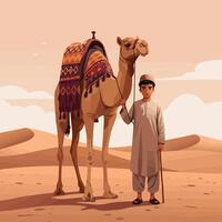 Walking Camel in Desert Landscape Illustration with Boy and Sand vector