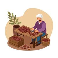 Man Cutting Dates on Table Preparing Food for Celebration vector