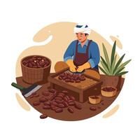 Man Preparing Dates in Traditional Setting with Harvested Fruit vector