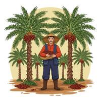 Farmer Harvesting Dates in Palm Tree Orchard with Basket vector