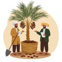 Farmers Discuss Date Palm Tree Planting Project with Document and Shovel vector