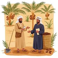 Farmers Discussing Date Harvest in Desert Orchard with Palm Trees vector