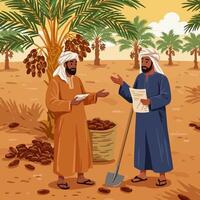 Farmers Discussing Date Harvest in Date Palm Tree Orchard Illustration vector