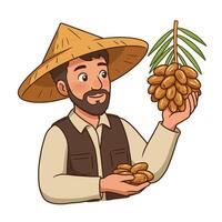 Man Harvesting Dates Holding Bunch and Handful Fresh Produce vector