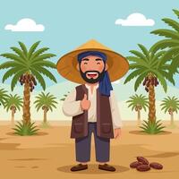 Happy Farmer Giving Thumbs Up in Date Palm Tree Orchard vector
