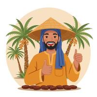 Man Showing Thumbs Up Near Dates with Palm Trees Background vector