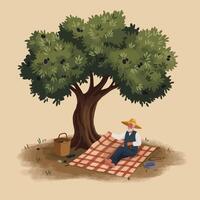 Man Relaxing Under Olive Tree on Blanket with Basket of Olives vector