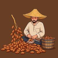 Man Harvesting Dates with Traditional Hat and Wooden Tools vector