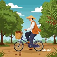 Man Cycling with Dates in Basket Through a Rural Landscape vector