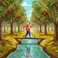 Man Walking Across Bridge in Date Palm Grove Over Water vector