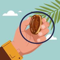 Holding Half Date Fruit Against Sky with Palm Leaf Graphic vector