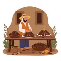 Harvesting Fresh Dates Man Stands Near Table Arranging Ripe Fruit vector