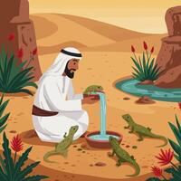 Man Sharing Water with Lizards in Desert Oasis Illustration vector
