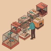 Man Looking at Colorful Lizards in Cages in Isometric Illustration vector
