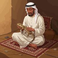 Man Holding Lizard Sitting Cross Legged on a Decorative Rug vector