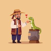 Man Reaching for Green Lizard Cartoon Character Standing on Barrel vector