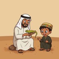 Man Showing Lizard to Child in Desert Cartoon Illustration vector
