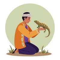Person Holding a Lizard Carefully in Hands with Green Background vector