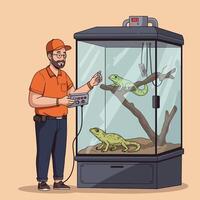 Man Monitors Temperature Inside Terrarium with Green Lizards Inside Carefully vector