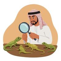 Man Inspecting Lizards with Magnifying Glass Investigation and Study vector