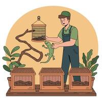 Person Holding a Lizard Near Cages and Branches Illustration vector