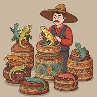 Man Displaying Lizards on Decorated Pottery for an Unusual Pet Shop vector