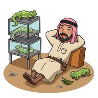 Man Relaxing with Lizards Illustration Peaceful Middle Eastern Scene vector