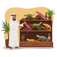 Man Holding Lizard in Terrarium Featuring Colorful Lizards and Plants vector