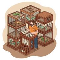 Man Checking Reptile Inventory List with Various Lizards in Cages vector