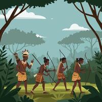 Group of Indigenous People Walking with Bows Through Tropical Forest vector