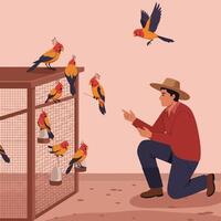 Bird Keeper Interacting with Exotic Parrots in Cage and Flying vector