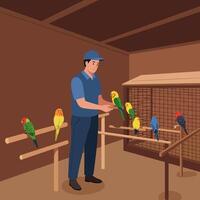 Person Feeding Colorful Parrots Inside Aviary in a Gentle Care Setting vector