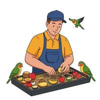 Man Preparing Food for Parrots with Fruit and Seeds vector