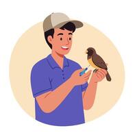 Man Handling Bird with Care Gentle Interaction Wildlife Support vector