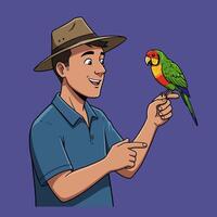 Man with Parrot Sitting on Finger, Smiling and Pointing Cartoon vector