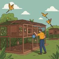 Feeding Birds in Aviary with Tropical Birds Flying Around Illustration vector