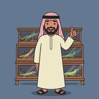 Man Giving Thumbs Up with Lizards in Terrariums Behind Him vector