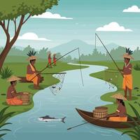 People Fishing in River Using Rods and Net in a Rural Setting vector