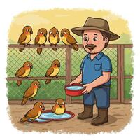 Man Caring for Birds Cartoon Scene with Water Bowls and Fence vector