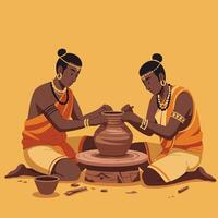 Pottery Making Craftspeople Creating Clay Pot on Wheel Together vector
