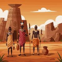 Three African Warriors Standing Before Ancient Building on Desert Landscape vector
